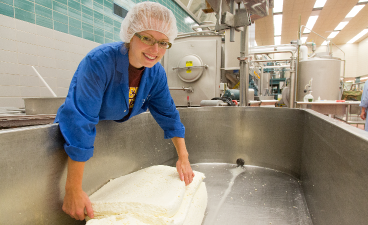 pilot plant student worker handling cheese curds and smiling